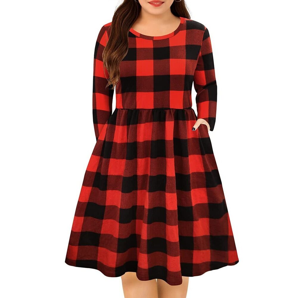 4359 Plus Size Dress Red Plaid Long Sleeve Christmas Dress Elastic Waist